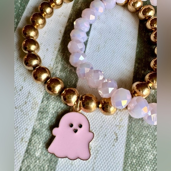 New Halloween Beaded Pink & Gold Tone Adult Size Bracelets w/ Ghost Charm - 8” - Picture 3 of 8